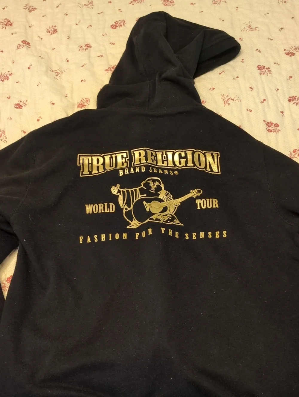 True Religion Black Zip-Up Hoodie with World Tour Gold Back Logo